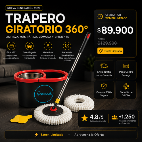 Trapero Giratorio 360° con Balde Centrifugador + Mopa de Repuesto